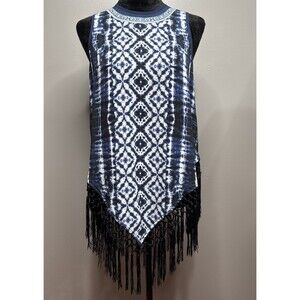 Onetheland Sleeveless Handkerchief Blue White Tie Die Black Fringe Size L